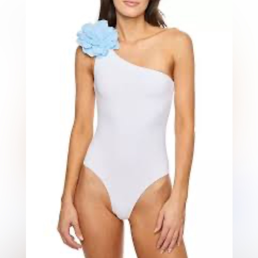 Anthropologie Tabacaru One-Shoulder Margarita White Swimsuit with Blue Flower